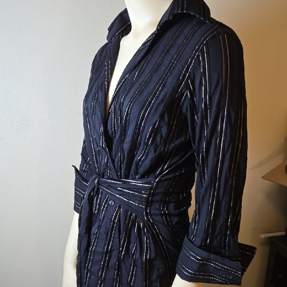 Vintage Zara Basic Black Metallic Stripe Wrap Blouse - Picture 10 of 16